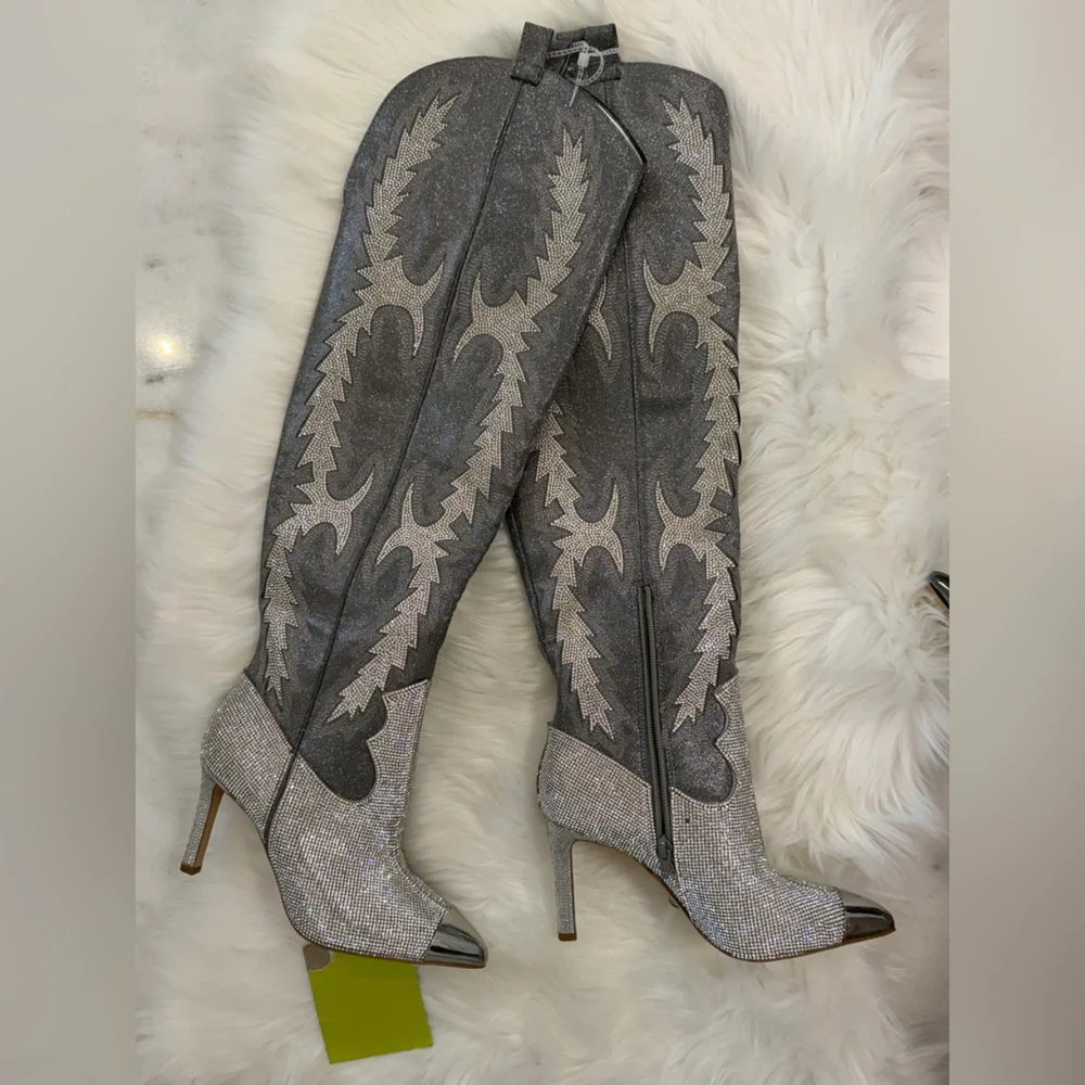 Gianni Bini Katyanna Rhinestone OTK Boots Silver NWT